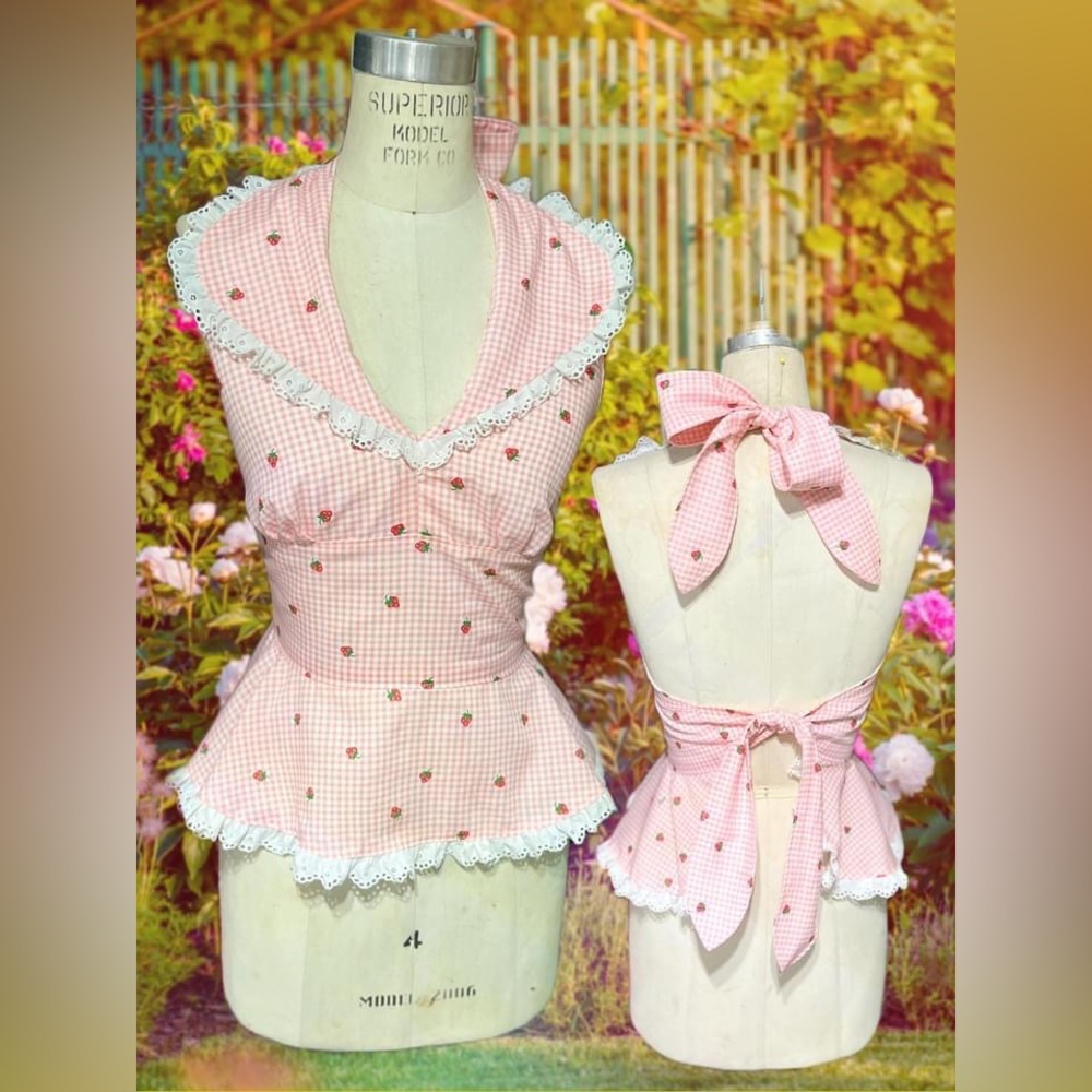 Pink Gingham Strawberry Vintage Reproduction 1970’s Cropped Peplum Halter Top